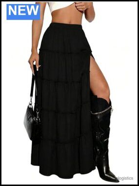 Plaid Maxi Skirt High Slit A-Line Tiered Y2k Long Skirt